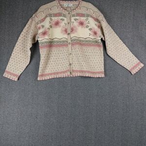 ORVIS WOMENS VTG CREAM PINK 3D FLORAL LONG SLEEVE LAMBSWOOL SILK CARDIGAN SZ M